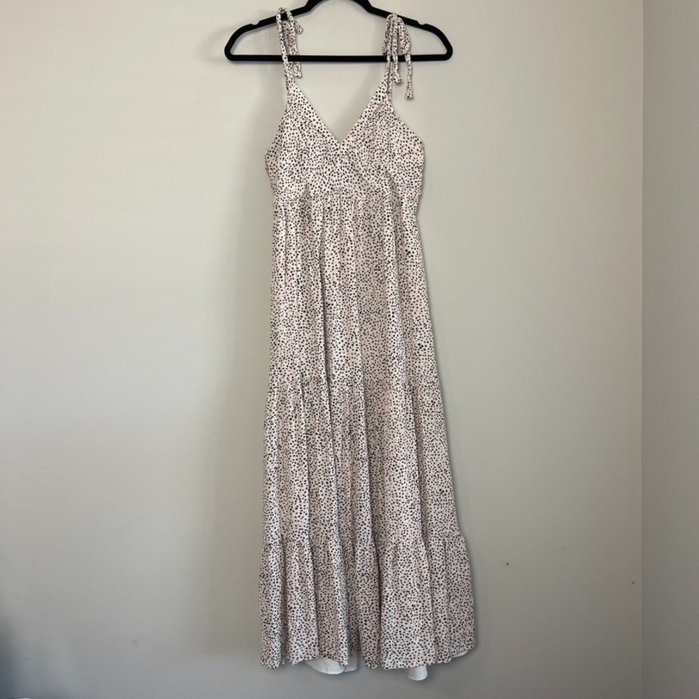 Express Cream Polka Dot Tie Strap Maxi Dress Flowy Tiered Sundress‎ Sz S